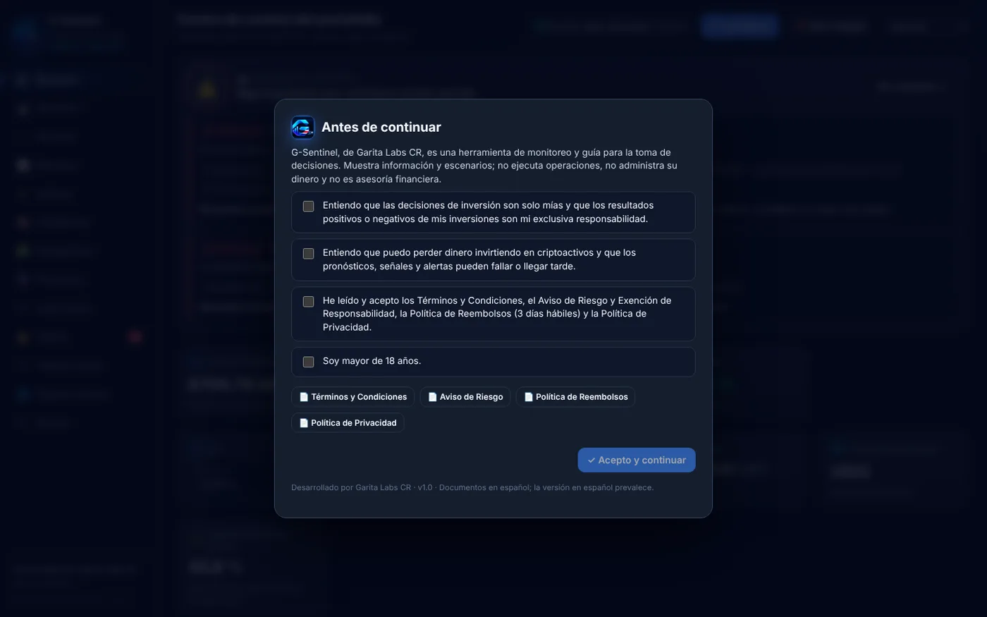 Pantalla de aceptación de términos antes del primer uso